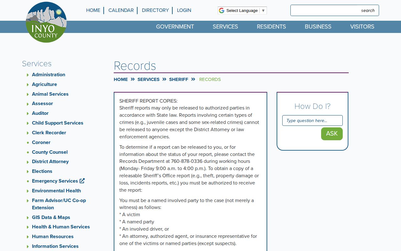 Inyo County 24 hour release records fallback through the Sheriff records page