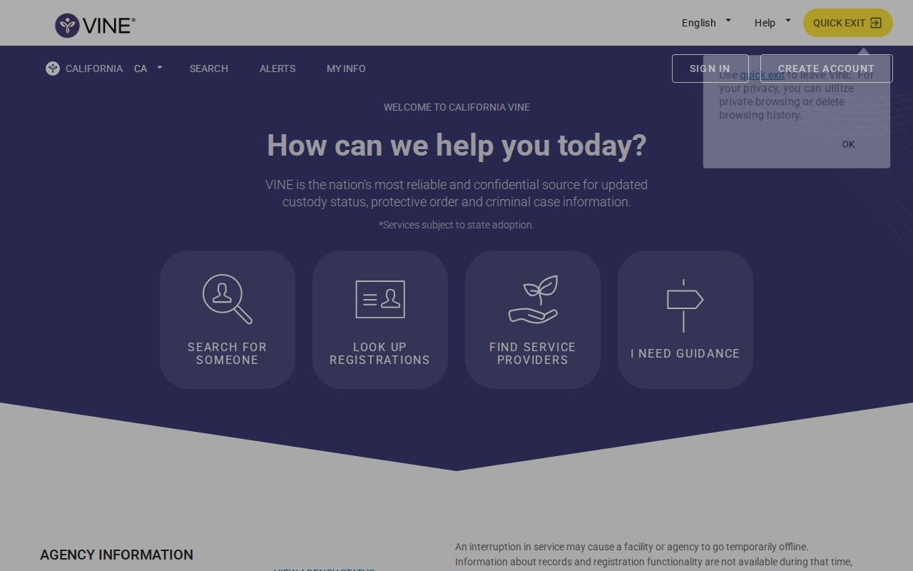 California VINE page for Inyo County VINELink inmate check
